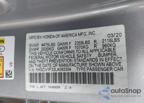 2020 Honda Accord Sport from USA, damaged, VIN 1HGCV1F32LA082304